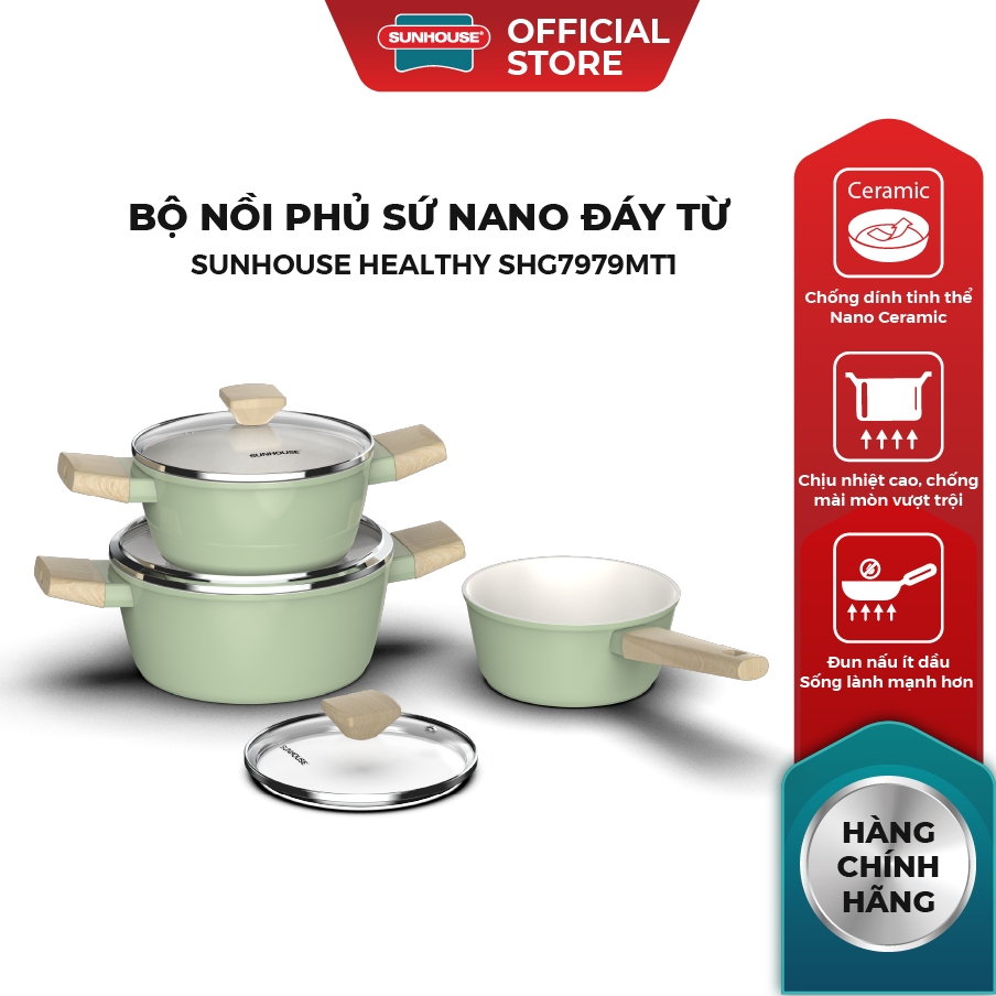 Bộ nồi phủ sứ Nano đáy từ Sunhouse Healthy SHG7979MP1/MT1 - Chống dính Nano Ceramic - Dùng mọi loại bếp - Ảnh 4