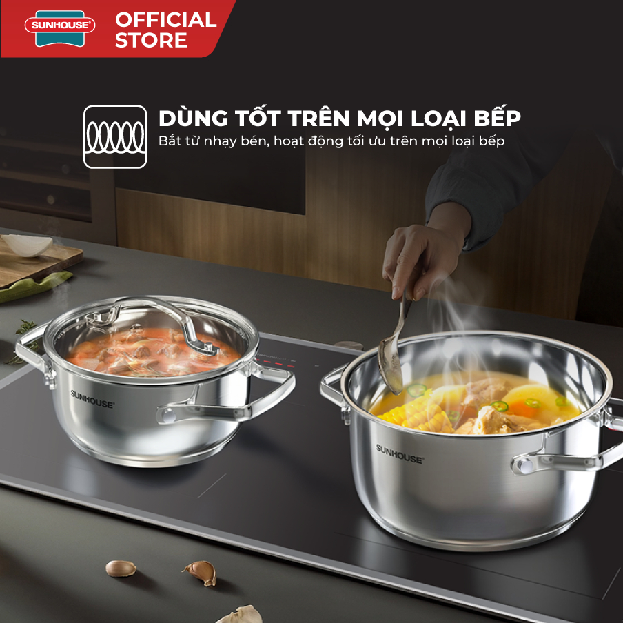 Bộ nồi Inox 304 Sunhouse Healthy SHG605 - Gồm 3 nồi size 16,20,24cm -Đáy từ 3 lớp - Inox 304 - Phù hợp mọi loại bếp - Ảnh 7