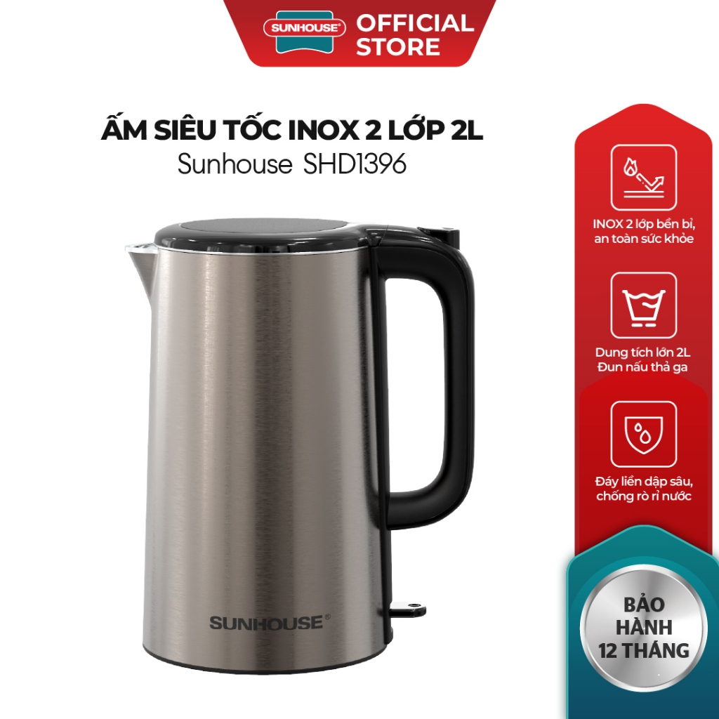 Ấm siêu tốc Inox 2 lớp 2L Sunhouse SHD1396 - Dung tích lớn 2L - Tự động ngắt khi sôi - Đáy liền chống rò rỉ