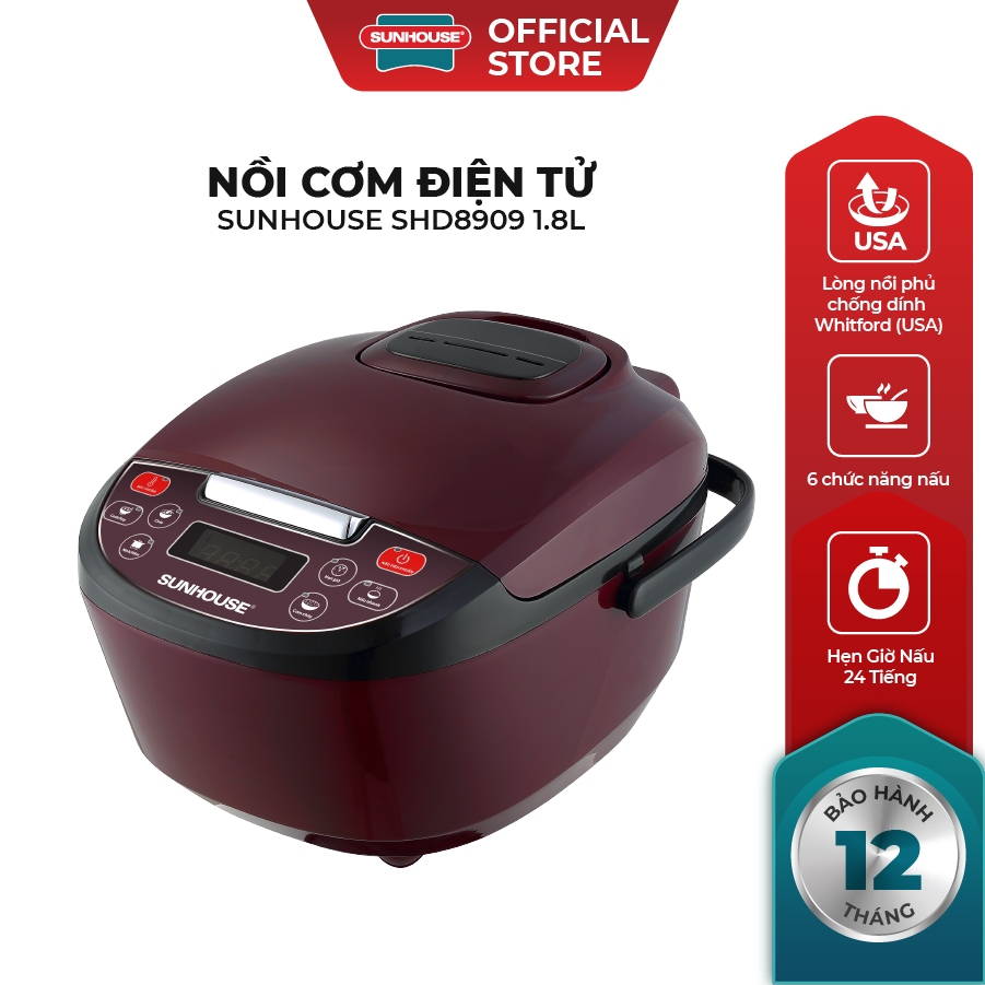 Nồi cơm điện tử 1.8L Sunhouse SHD8909 - Công suất 700W - 6 chế độ nấu tự động - Giữ ấm 12 giờ - Dành cho 4-6 người