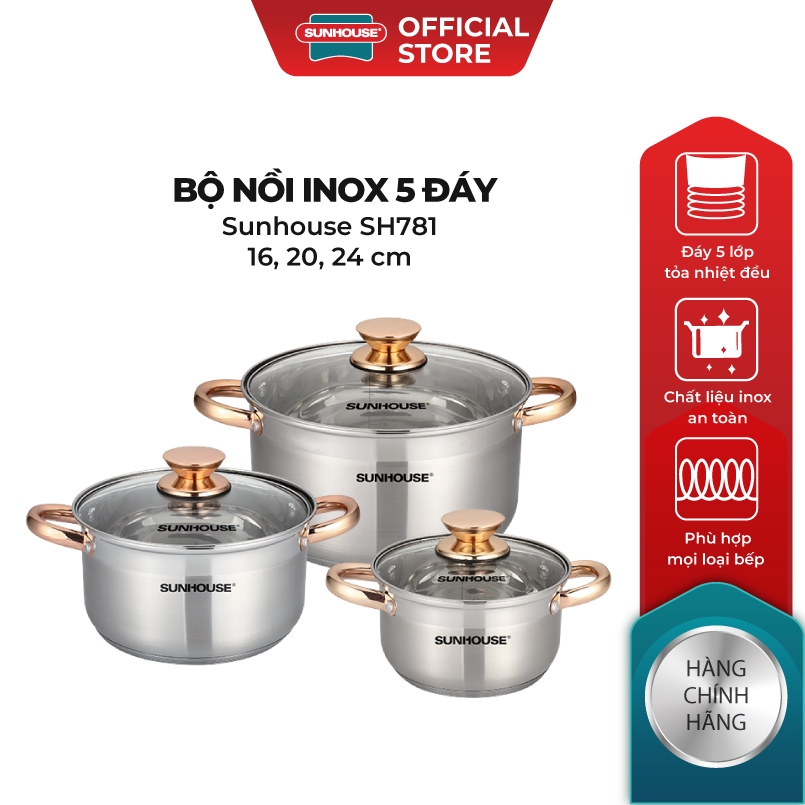 Bộ nồi inox 5 đáy Sunhouse SH781 - gồm 3 nồi với đường kính 16cm-20cm-24cm - Đáy từ dùng mọi loại bếp - 5 lớp đáy - Ảnh 2