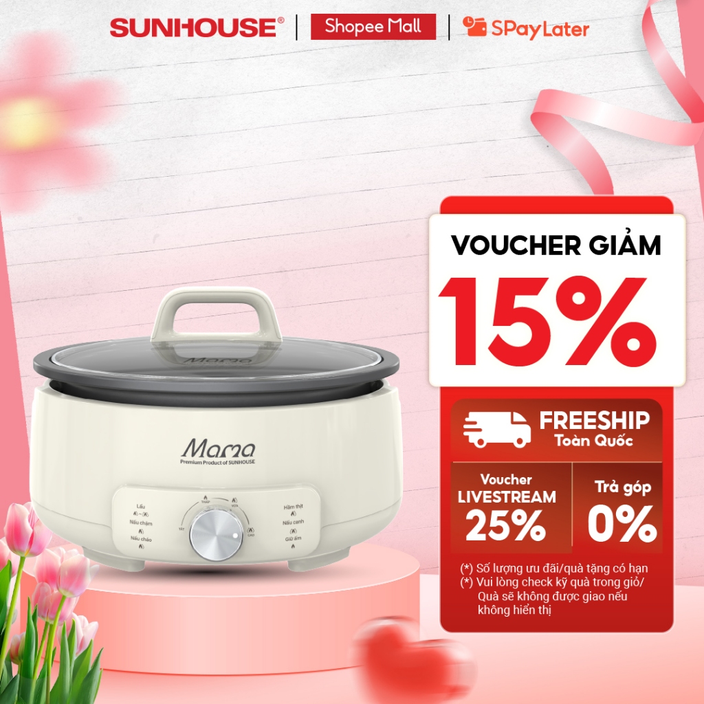 Lẩu điện 4L Sunhouse Mama SHD4548 - 1500W, 5 chức năng - Chống dính Flead 2 lớp - Tự ngắt khi quá nhiệt