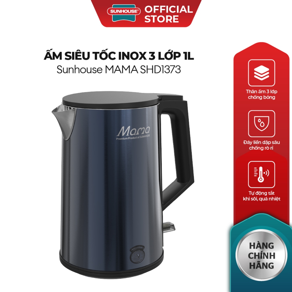 Ấm siêu tốc Inox 3 lớp 1L Sunhouse Mama SHD1373 - Thân ấm 3 lớp chống bỏng - Inox 304 an toàn - Tự động ngắt