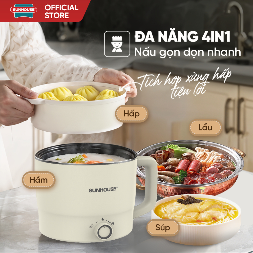 Lẩu điện mini đa năng Sunhouse 1,6L (SHD4516) - 2L (SHD4517) - Đa năng 4in1 - Lòng nồi inox 304 - Tích hợp tay cầm - Ảnh 4