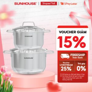 Bộ nồi chống dính đáy từ Sunhouse SHG604E – Bộ 2 nồi size 16/20cm – Inox 304 an toàn – Công nghệ đáy từ Impact Bonding