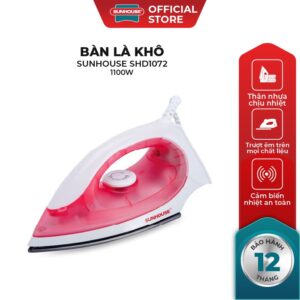 Bàn ủi, bàn là khô SUNHOUSE SHD1072 – Thân nhựa chịu nhiệt – Đèn báo hoạt động – Bề mặt chống dính – Bảo hành 12 tháng