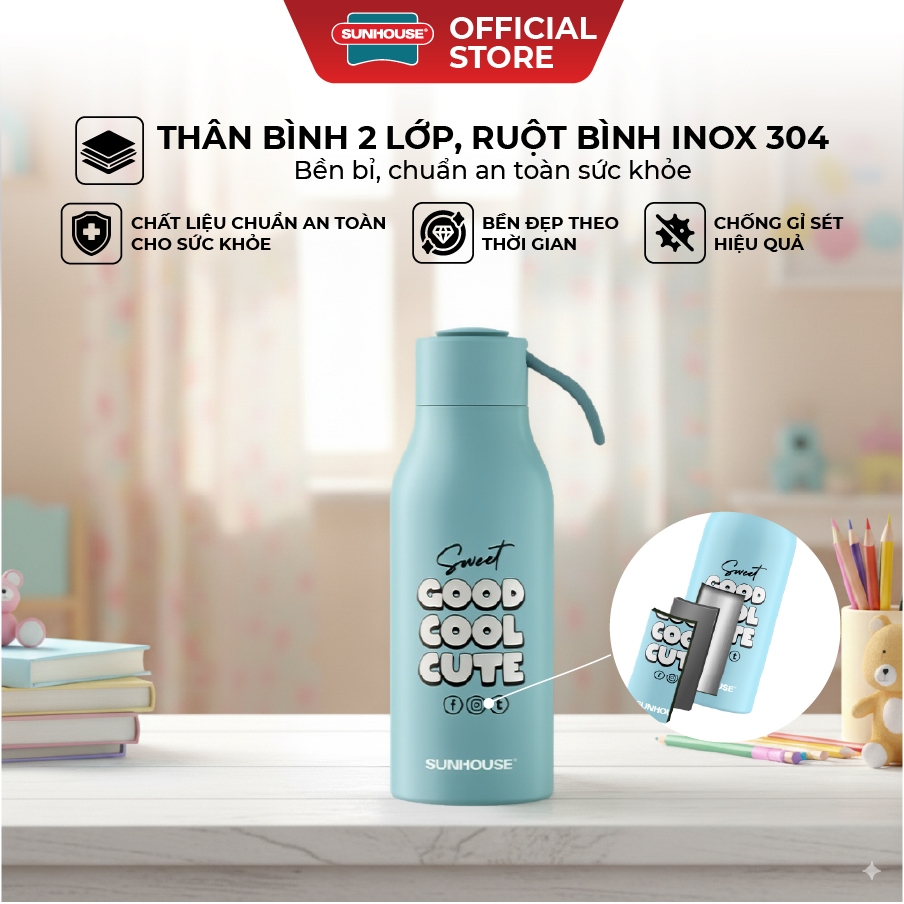 BÌnh giữ nhiệt school 400ml Sunhouse KS-TU400SB/ KS-TU400SP - Inox 304 - Giữ nhiệt lên đến 10h - Ảnh 4