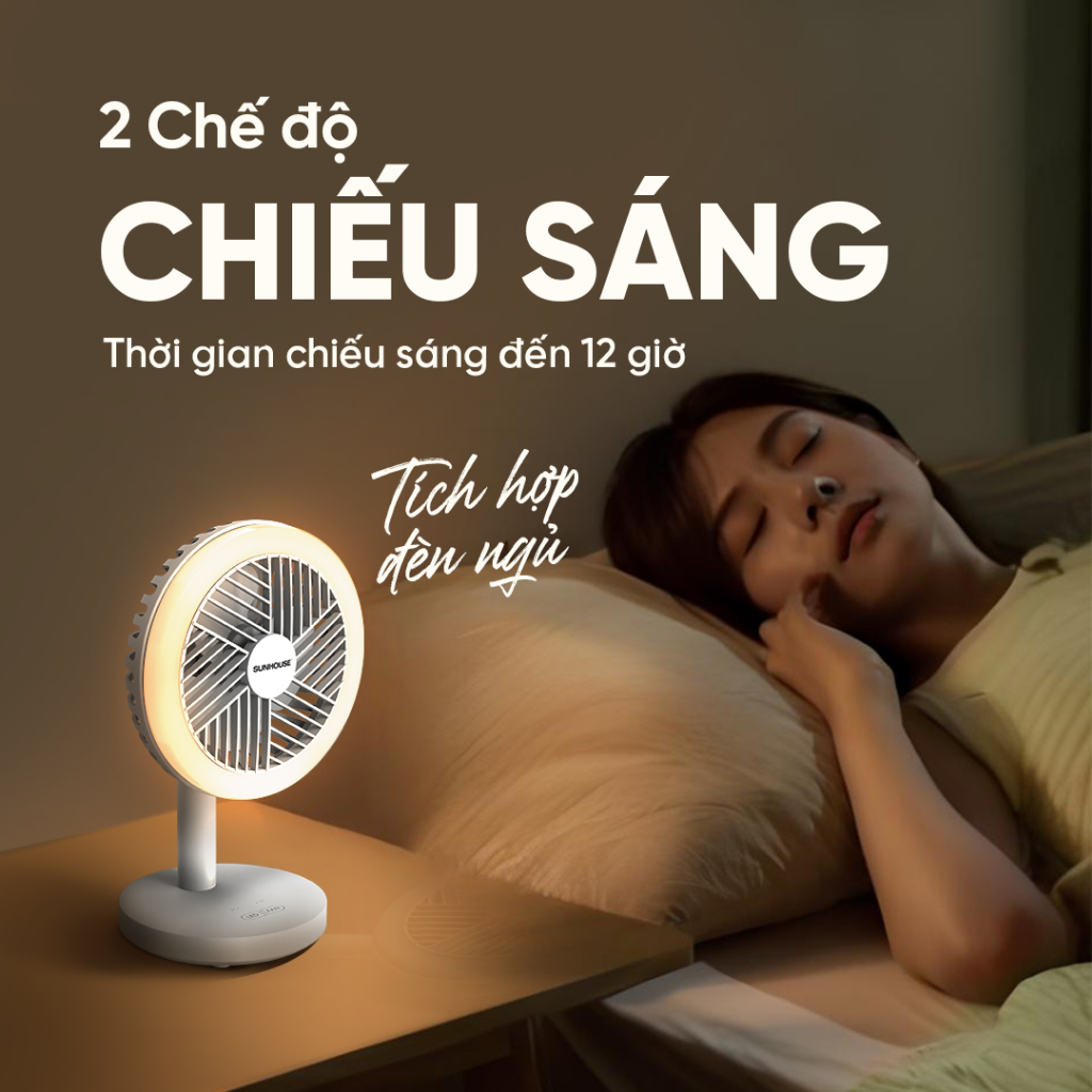 Quạt sạc mini Sunhouse SHD7114 - Pin sạc Lithium, 7H hoạt động - 3 tốc độ gió, 2 chế độ sáng, có đèn ngủ tiện lợi - Ảnh 4