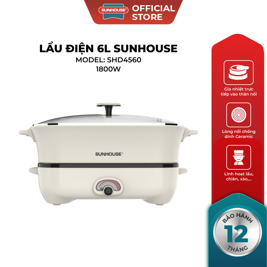 Lẩu điện 6L Sunhouse SHD4560 (1800W) - SHD4568 (2200W) , Chín tức thì trong 12 phút - Gia nhiệt trực tiếp