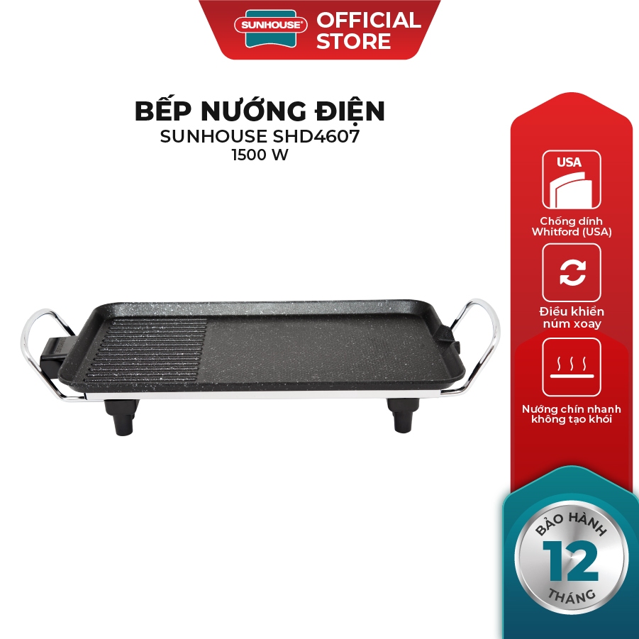 Bếp nướng điện Sunhouse SHD4607 - Công suất 1500W - Một miệng rót mỡ thừa tiện dụng - Phích cắm rời, 2 chấu