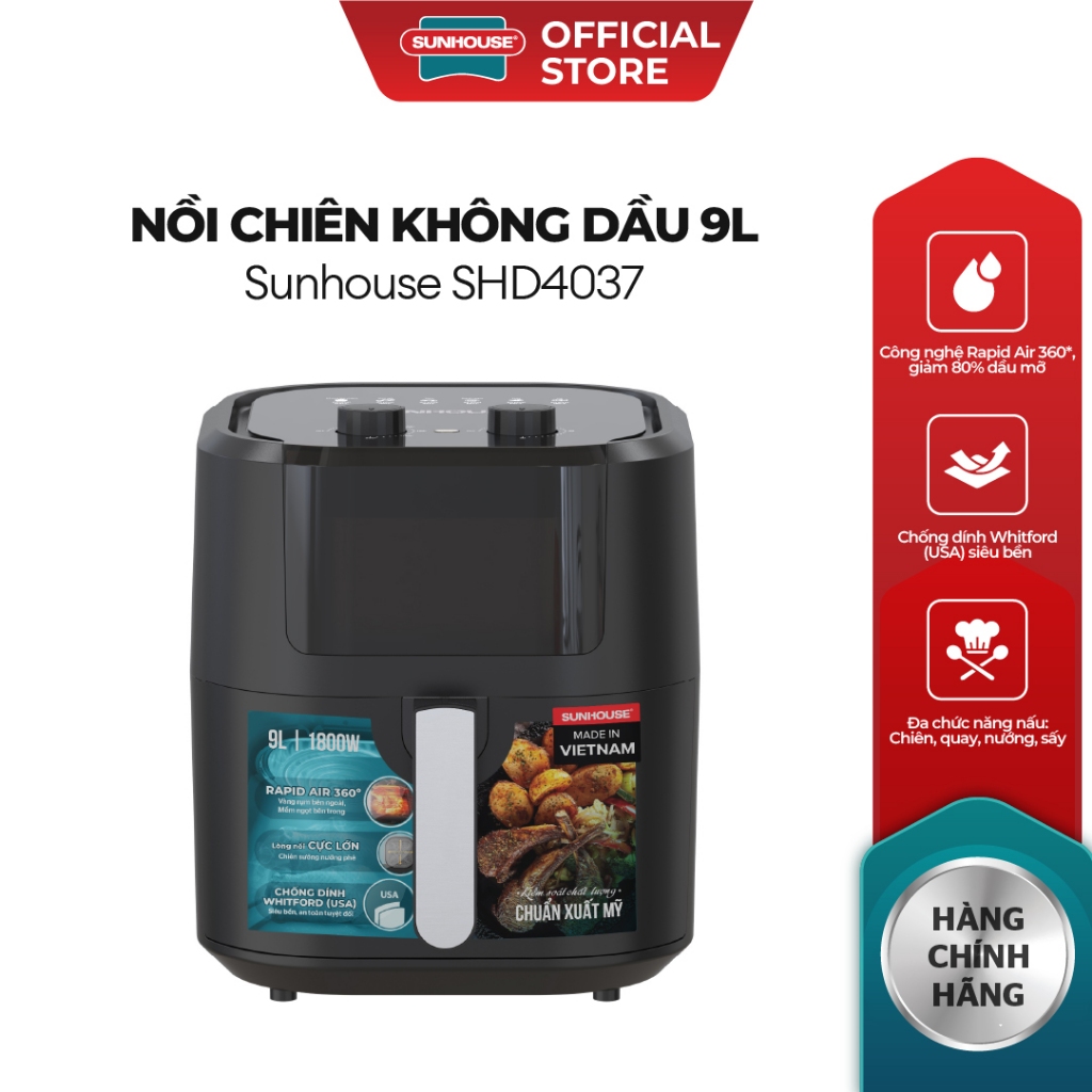Nồi chiên không dầu 9L Sunhouse SHD4037 - Công nghệ Rapid Air 360 độ - Chống dính Whitford siêu bền - Ảnh 2