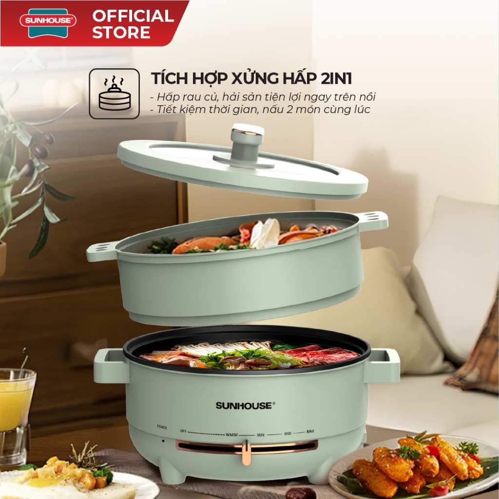 Lẩu điện đa năng 4L Sunhouse SHD4540 - Tích hợp xửng hấp - Gia nhiệt trực tiếp - Dung tích 4L - Chống dính PTFE - Ảnh 2