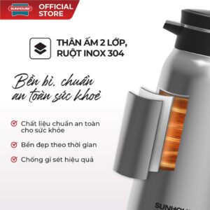 Ấm giữ nhiệt gia đình 2.0L inox 304 Sunhouse KS-TH2000FI – Inox 304 an toàn – Nắp nhấn tiện lợi
