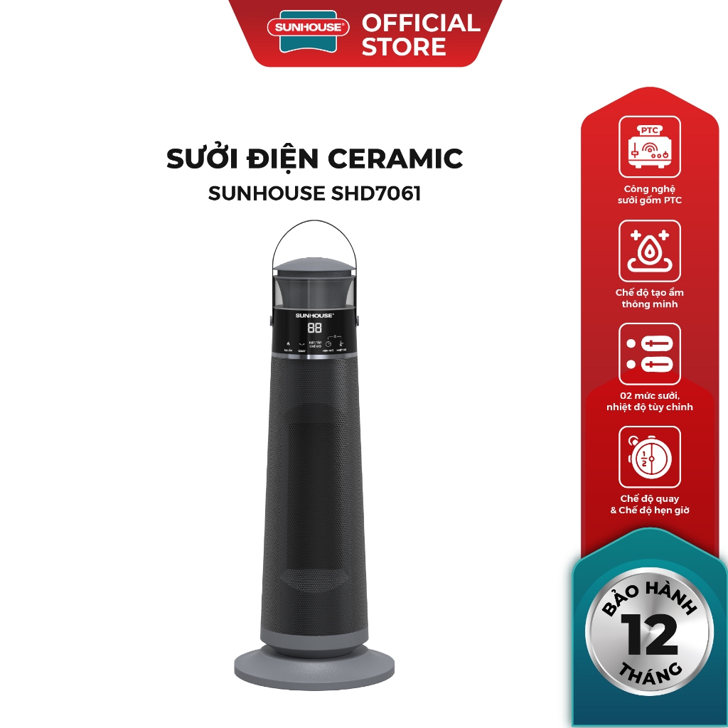 Sưởi điện Ceramic Sunhouse SHD7061 - Linh hoạt 2 chế độ - Tích hợp chế độ quay - Công nghệ sưởi an toàn