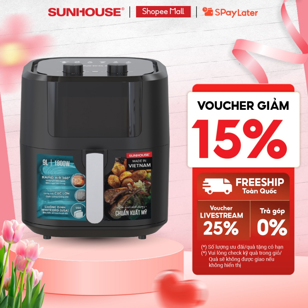 Nồi chiên không dầu 9L Sunhouse SHD4037 - Công nghệ Rapid Air 360 độ - Chống dính Whitford siêu bền