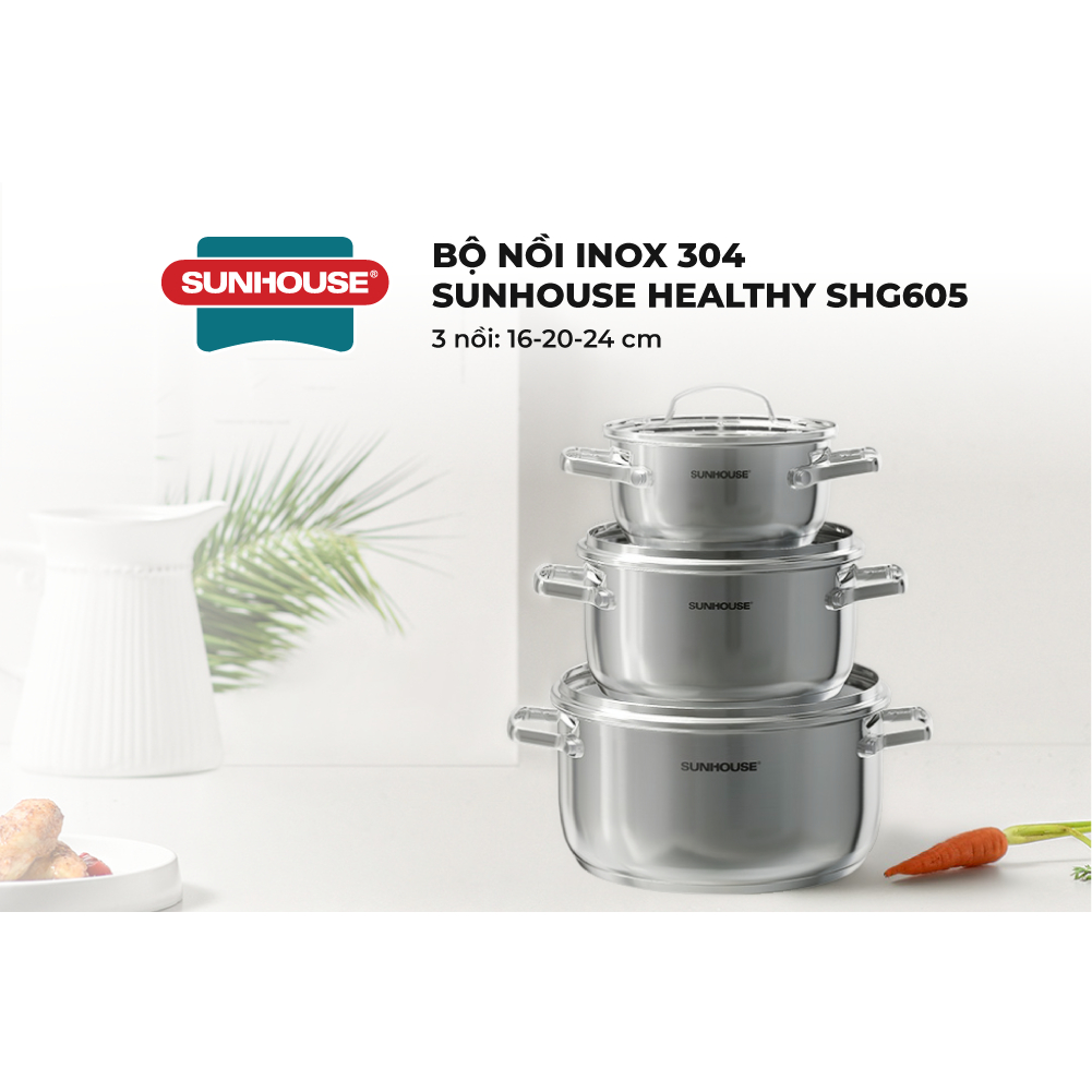 Bộ nồi Inox 304 Sunhouse Healthy SHG605 - Gồm 3 nồi size 16,20,24cm -Đáy từ 3 lớp - Inox 304 - Phù hợp mọi loại bếp - Ảnh 3