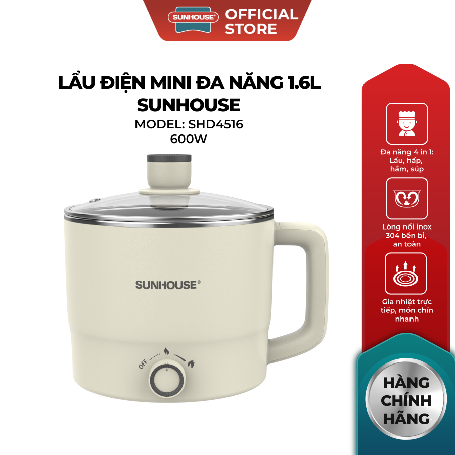 Lẩu điện mini đa năng Sunhouse 1,6L (SHD4516) - 2L (SHD4517) - Đa năng 4in1 - Lòng nồi inox 304 - Tích hợp tay cầm - Ảnh 2