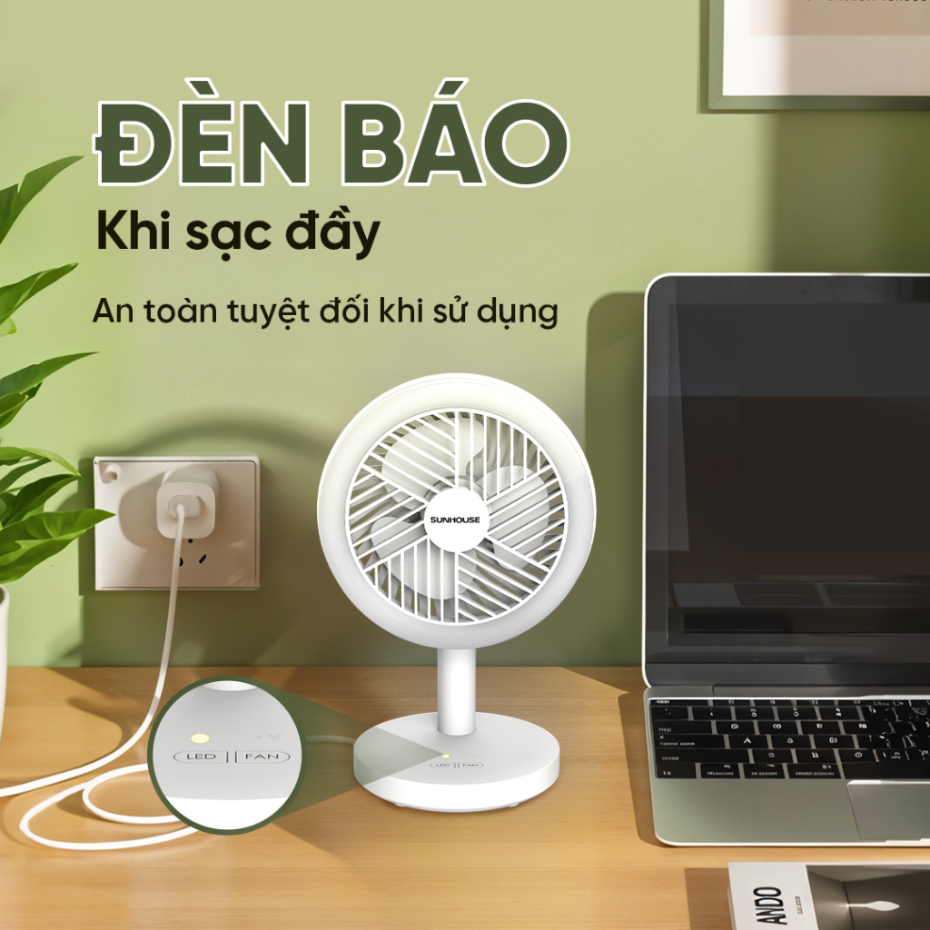 Quạt sạc mini Sunhouse SHD7114 - Pin sạc Lithium, 7H hoạt động - 3 tốc độ gió, 2 chế độ sáng, có đèn ngủ tiện lợi - Ảnh 5