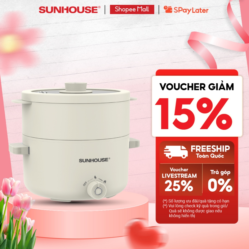 Lẩu điện mini đa năng 2.0L Sunhouse SHD4517 - Đa năng 4in1 - Lòng nồi chống dính Ceramic - Gia nhiệt trực tiếp