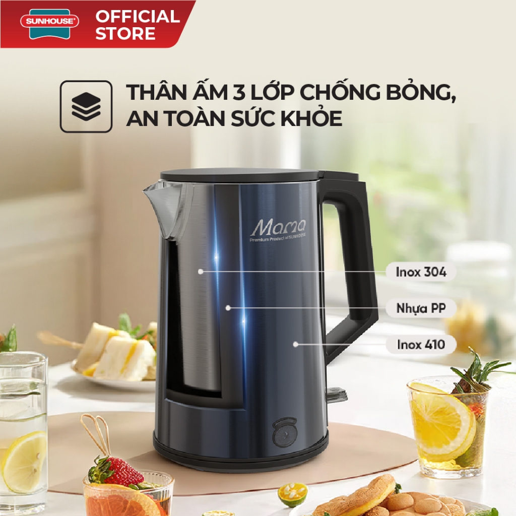 Ấm siêu tốc Inox 3 lớp 1L Sunhouse Mama SHD1373 - Thân ấm 3 lớp chống bỏng - Inox 304 an toàn - Tự động ngắt - Ảnh 2