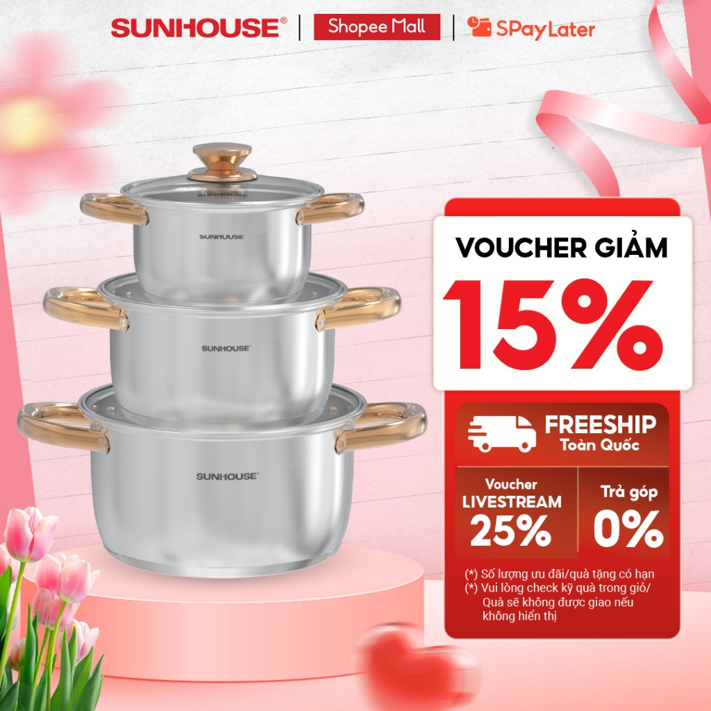 Bộ nồi inox 5 đáy Sunhouse SH781 - gồm 3 nồi với đường kính 16cm-20cm-24cm - Đáy từ dùng mọi loại bếp - 5 lớp đáy