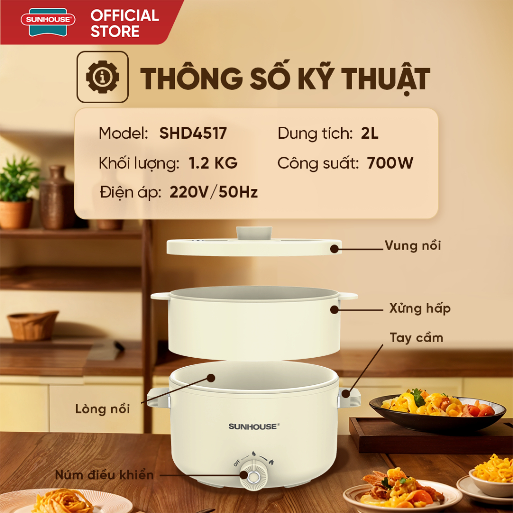 Lẩu điện mini đa năng 2.0L Sunhouse SHD4517 - Đa năng 4in1 - Lòng nồi chống dính Ceramic - Gia nhiệt trực tiếp - Ảnh 9
