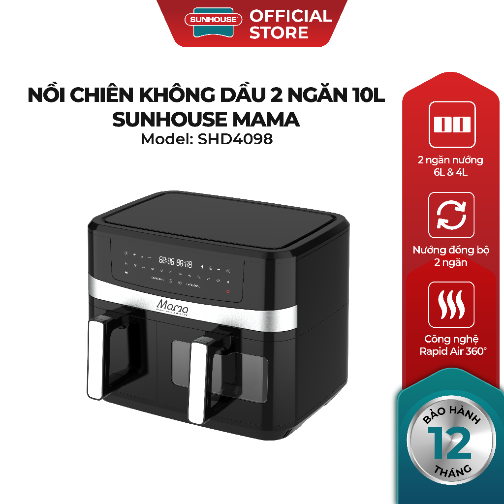Nồi chiên không dầu 2 ngăn 10L Sunhouse Mama SHD4098 - Chế độ riêng - Tiết kiệm thời gian - Công nghệ Rapid Air