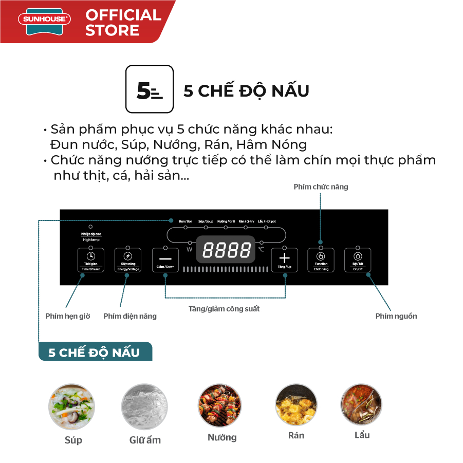 Bếp đơn hồng ngoại Sunhouse SHD6011 - Công suất 2000W - Phím bấm điện tử - 5 chế độ nấu - Bảo hành 12 tháng - Ảnh 5