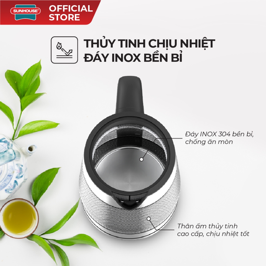 Ấm siêu tốc thủy tinh 1.8L Sunhouse SHD1220 - Thủy tinh chịu nhiệt - Công suất 1850W - Dung tích 1.8L - Ảnh 2