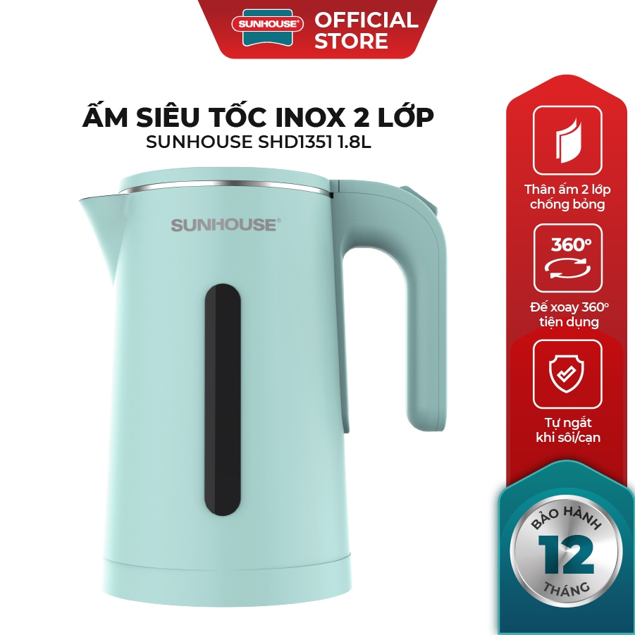 Ấm siêu tốc Inox 304 1.8L SUNHOUSE SHD1351/SHD1353 - Thân ấm 2 lớp - Vỏ nhựa PP chống bỏng - Tự động tắt khi nước sôi - Ảnh 2