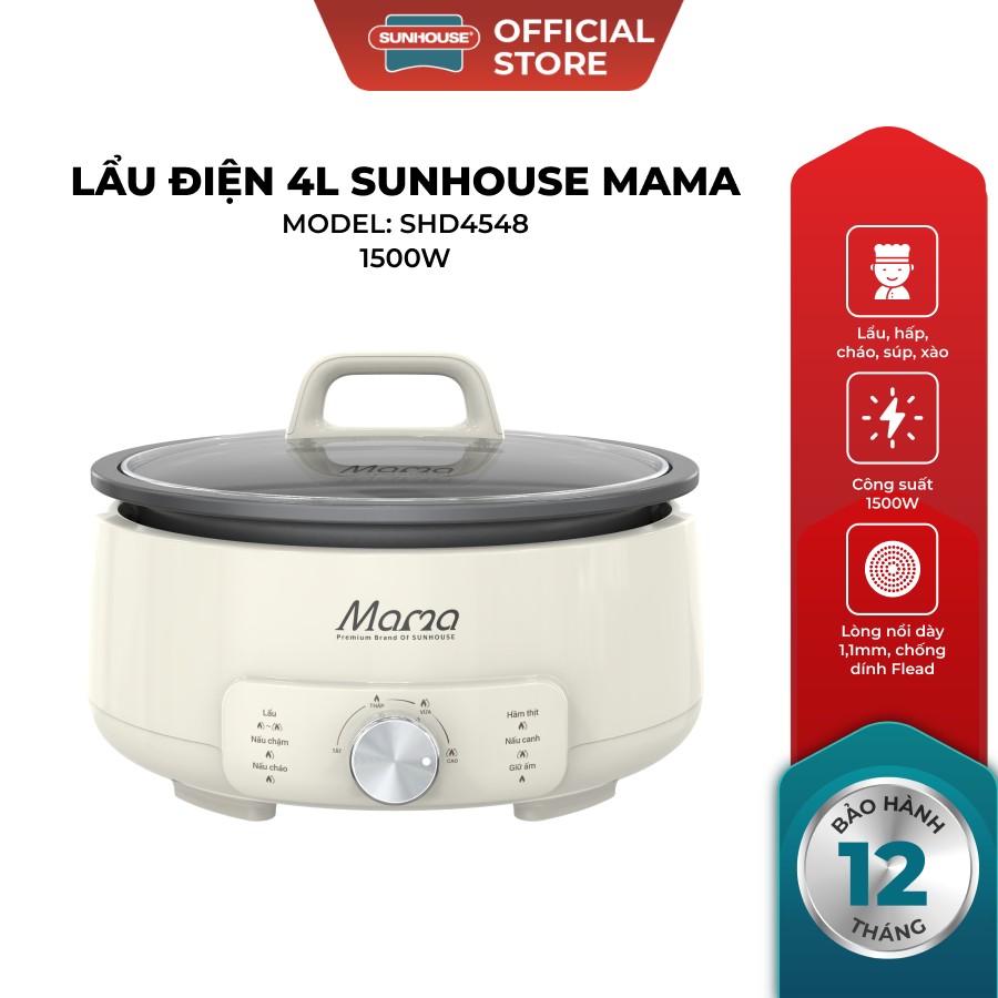 Lẩu điện 4L Sunhouse Mama SHD4548 - 1500W, 5 chức năng - Chống dính Flead 2 lớp - Tự ngắt khi quá nhiệt - Ảnh 2