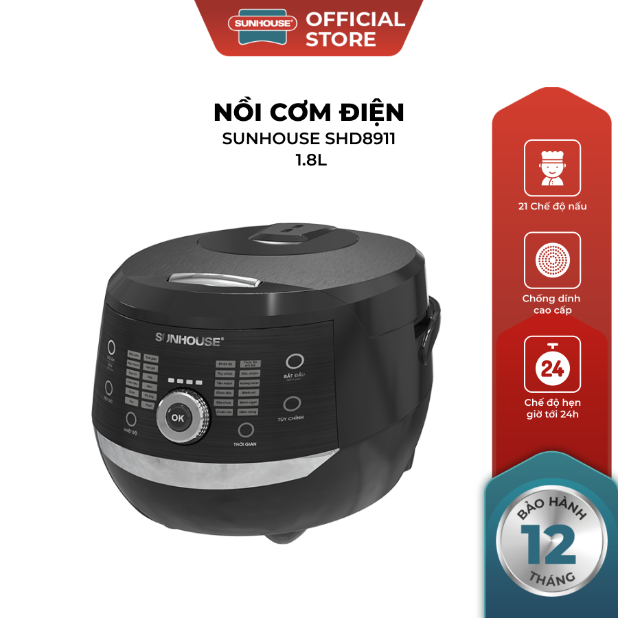 Nồi cơm điện tử 1.8L Sunhouse SHD8911 - 21 chế độ cài sẵn - Hẹn giờ 24H - Bảo hành 12 tháng chính hãng