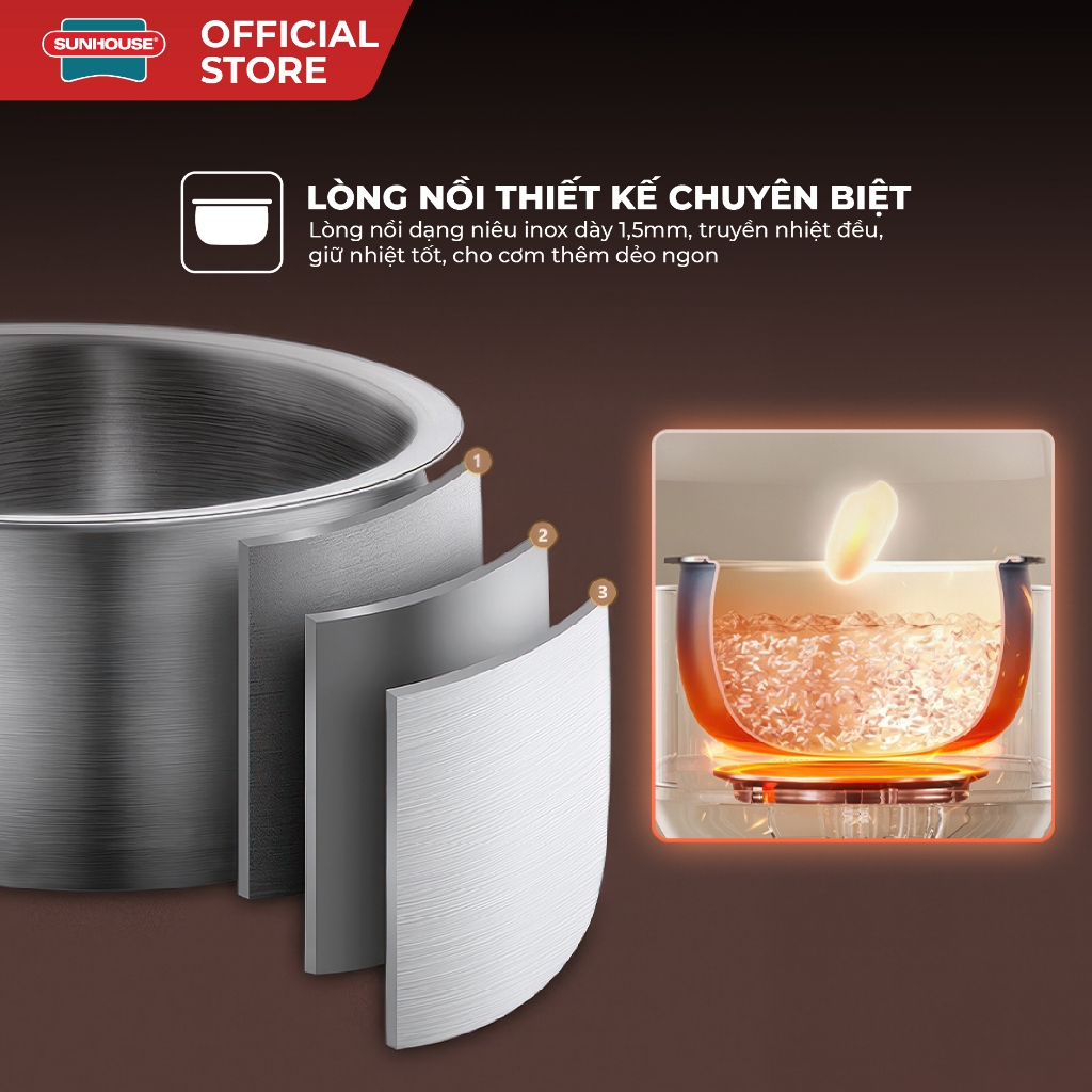 Nồi cơm điện tử 1L Sunhouse SHD8803 - Dung tích nhỏ phù hợp 1-2 người - Lòng nồi inox cao cấp - Tích hợp hẹn giờ - Ảnh 4
