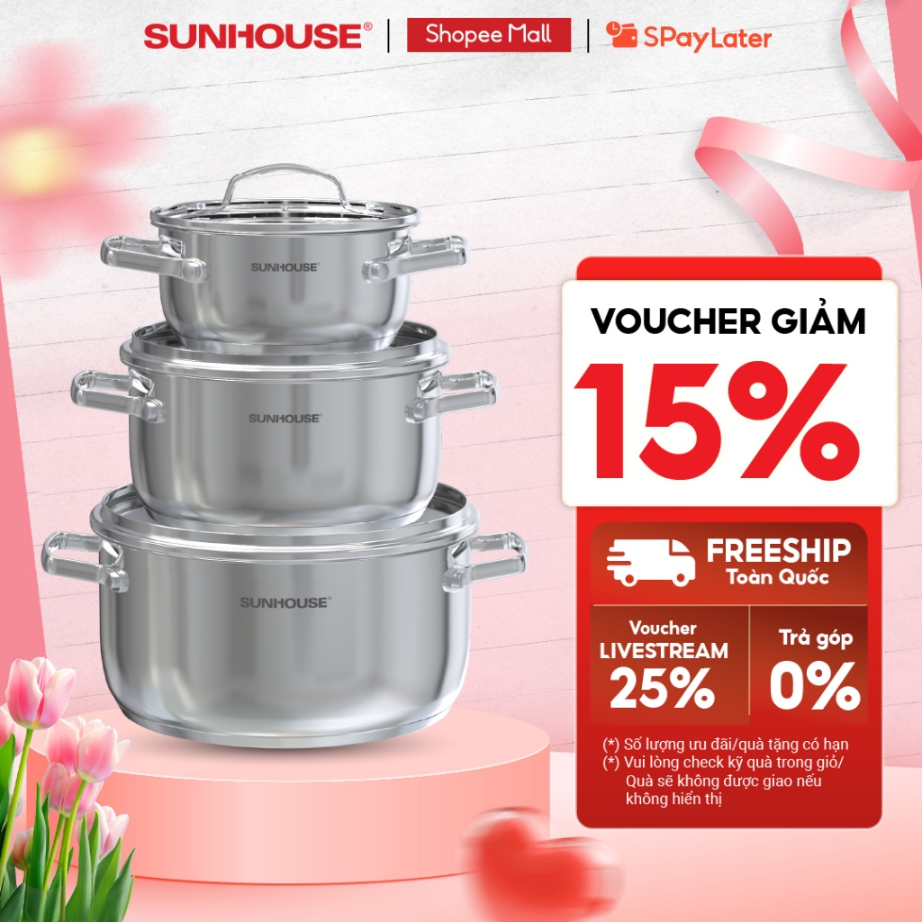 Bộ nồi Inox 304 Sunhouse Healthy SHG605 - Gồm 3 nồi size 16,20,24cm -Đáy từ 3 lớp - Inox 304 - Phù hợp mọi loại bếp
