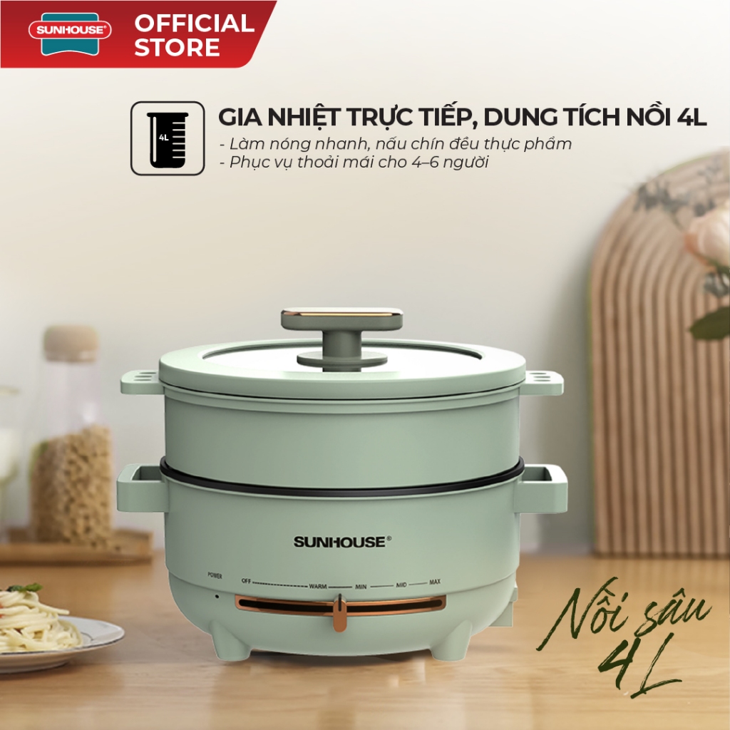 Lẩu điện đa năng 4L Sunhouse SHD4540 - Tích hợp xửng hấp - Gia nhiệt trực tiếp - Dung tích 4L - Chống dính PTFE - Ảnh 3