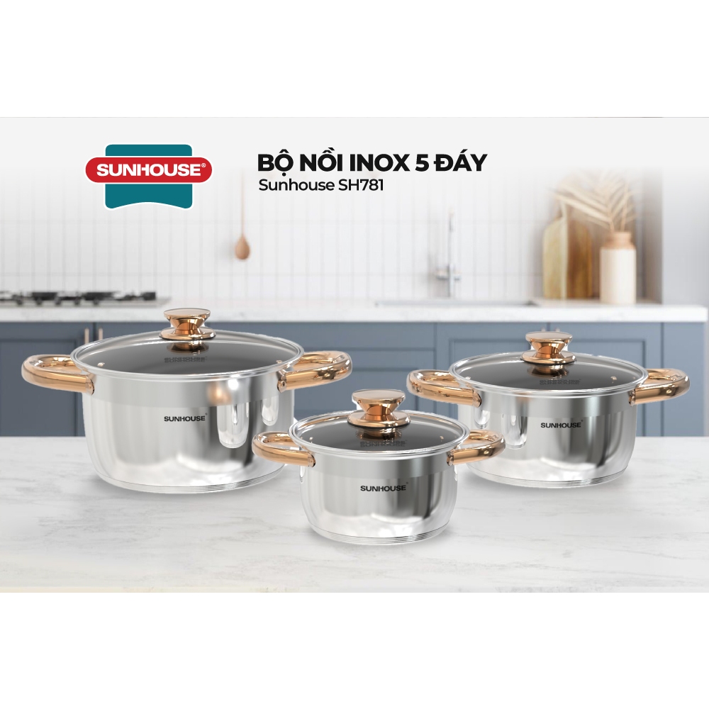 Bộ nồi inox 5 đáy Sunhouse SH781 - gồm 3 nồi với đường kính 16cm-20cm-24cm - Đáy từ dùng mọi loại bếp - 5 lớp đáy - Ảnh 3