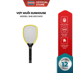 [Bản mới nâng cấp pin] Vợt muỗi Sunhouse SHE-EECVM12, màu vàng – 3 lớp lưới điện đan khít – Tích hợp đèn báo sạc