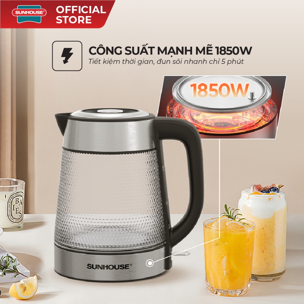 Ấm siêu tốc thủy tinh 1.8L Sunhouse SHD1220 - Thủy tinh chịu nhiệt - Công suất 1850W - Dung tích 1.8L - Ảnh 3