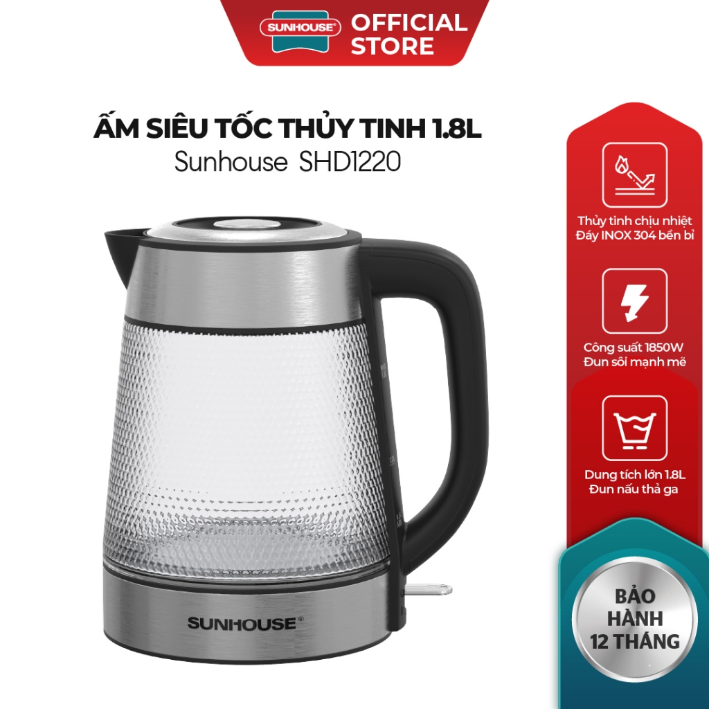 Ấm siêu tốc thủy tinh 1.8L Sunhouse SHD1220 - Thủy tinh chịu nhiệt - Công suất 1850W - Dung tích 1.8L