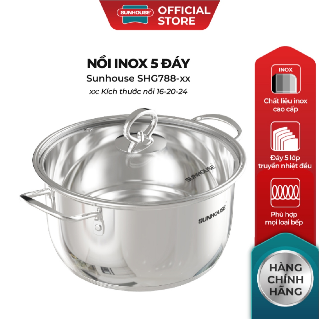 Nồi Inox 5 đáy Sunhouse SHG788- 16/20/24 cm - Công nghệ Impact Bonding - Hiệu suất bắt từ 100% - Dùng mọi loại bếp - Ảnh 2