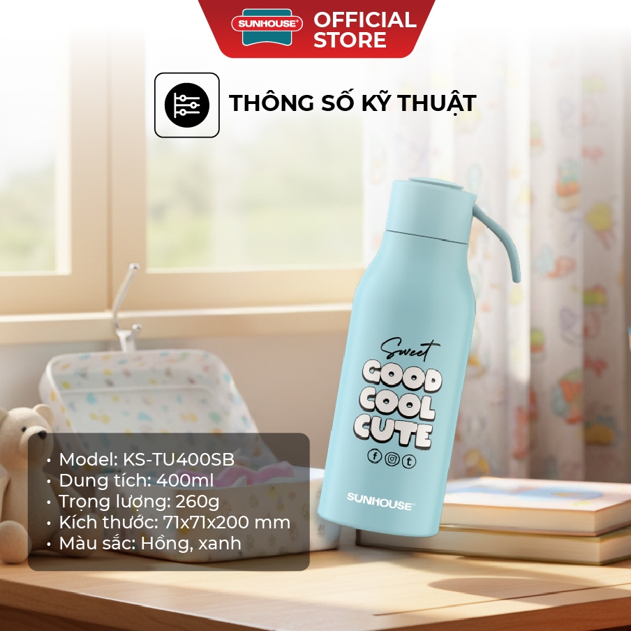 BÌnh giữ nhiệt school 400ml Sunhouse KS-TU400SB/ KS-TU400SP - Inox 304 - Giữ nhiệt lên đến 10h - Ảnh 9