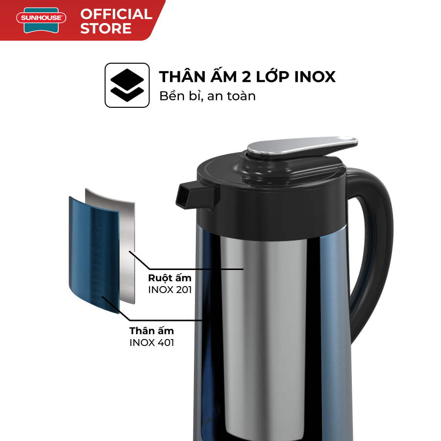 Ấm siêu tốc Inox giữ nhiệt 2L SUNHOUSE HTD1096 - Thân ấm 2 lớp inox an toàn - Duy trì nước nóng 75 độ C - Ảnh 4