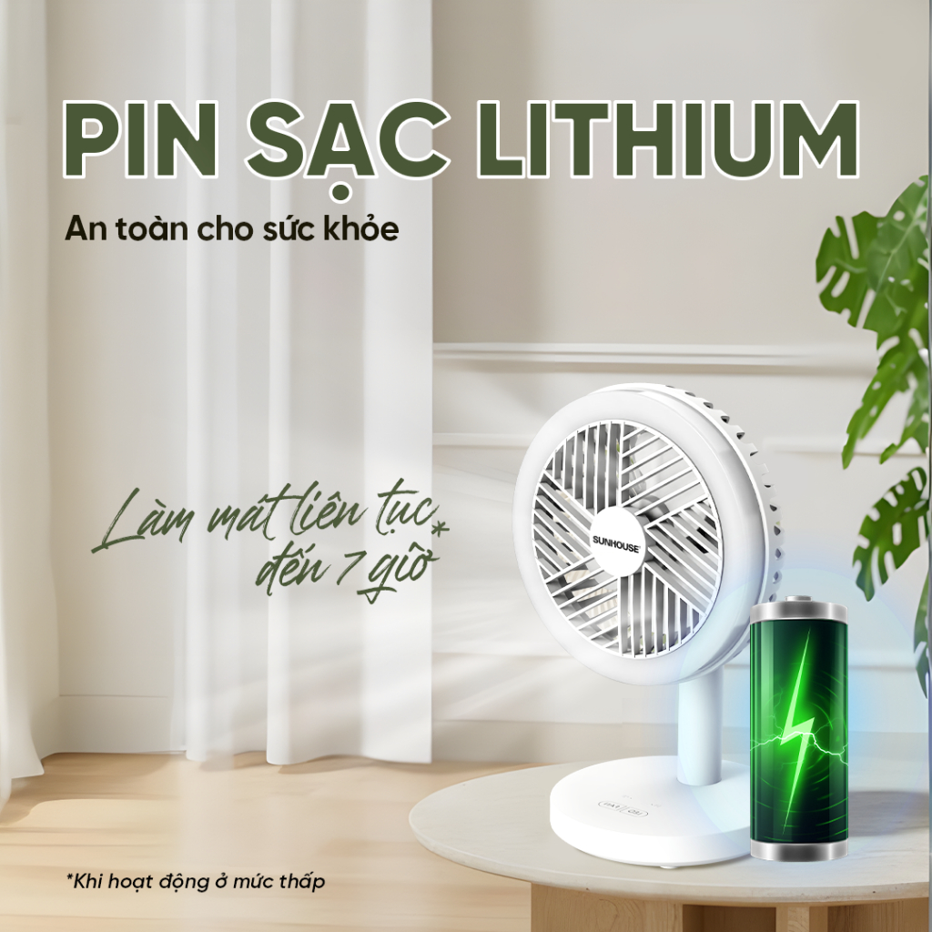 Quạt sạc mini Sunhouse SHD7114 - Pin sạc Lithium, 7H hoạt động - 3 tốc độ gió, 2 chế độ sáng, có đèn ngủ tiện lợi - Ảnh 2