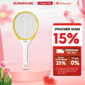 [Mẫu mới nâng cấp pin] Vợt muỗi SHE-EECVM11, màu vàng  – 3 lớp lưới điện đan khít – 2 công tắc: gạt, bấm