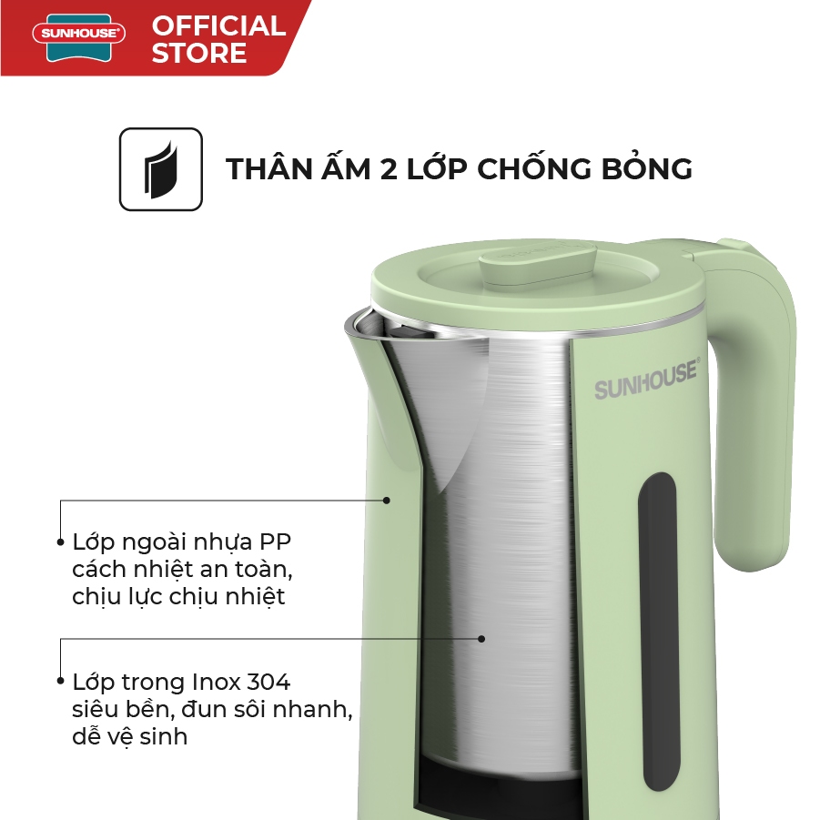 Ấm siêu tốc Inox 304 1.8L SUNHOUSE SHD1351/SHD1353 - Thân ấm 2 lớp - Vỏ nhựa PP chống bỏng - Tự động tắt khi nước sôi - Ảnh 5