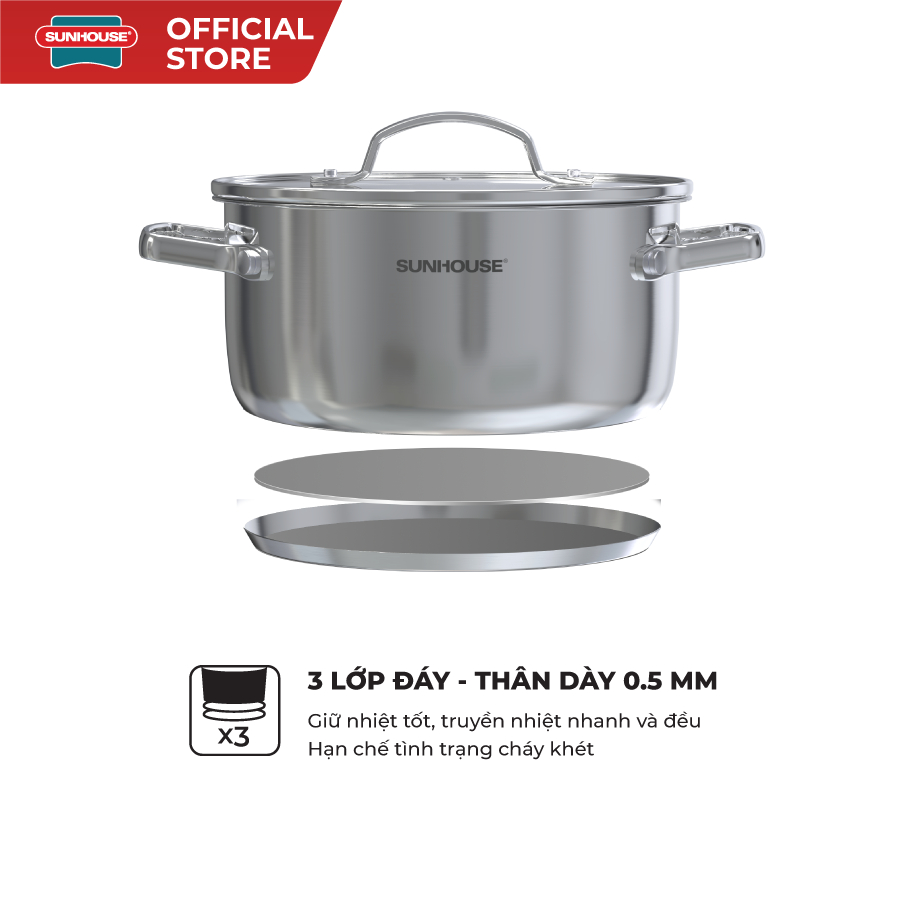Bộ nồi Inox 304 Sunhouse Healthy SHG605 - Gồm 3 nồi size 16,20,24cm -Đáy từ 3 lớp - Inox 304 - Phù hợp mọi loại bếp - Ảnh 5