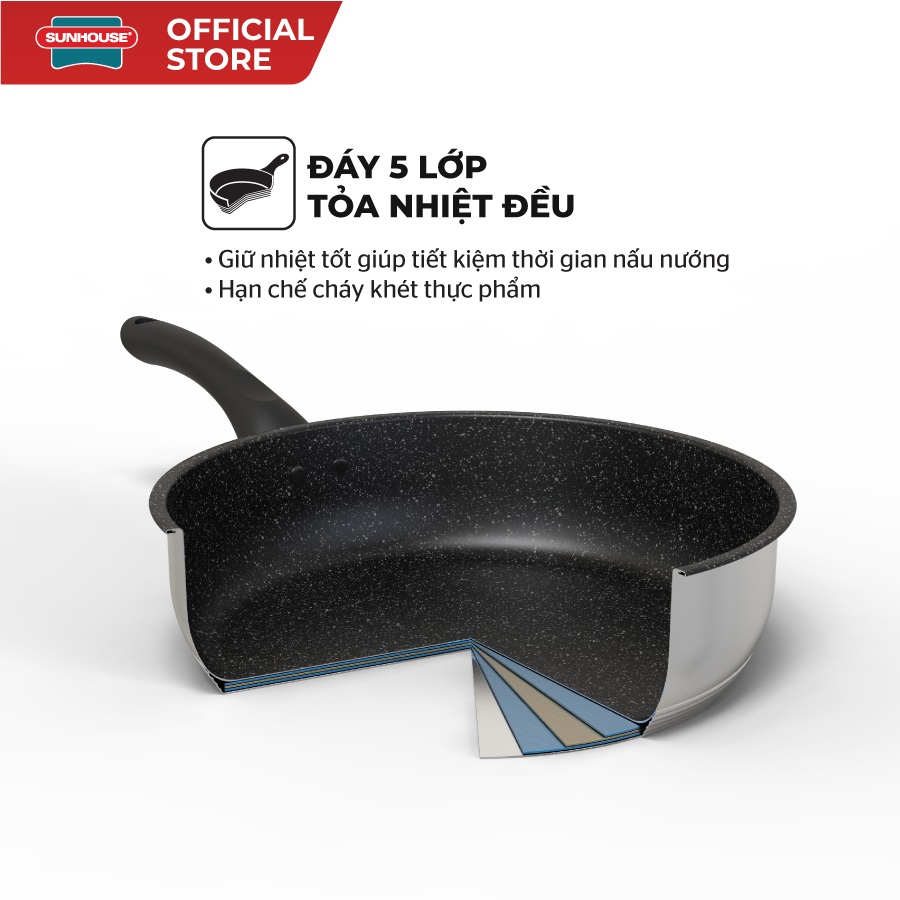 Chảo cạn inox 5 đáy Sunhouse IN20M4 - IN24M4 - IN26M4 - Đáy phẳng hoàn hảo từ công nghệ impact bonding,không phồng đáy - Ảnh 3