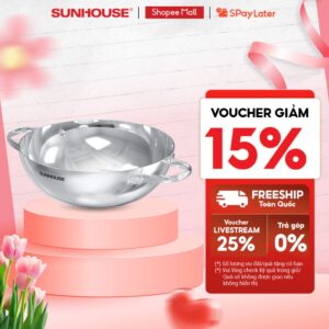 Chảo xào Inox 304 liền khối Sunhouse Healthy INxxM12 –  Tay cầm chống bỏng – 3 lớp liền khối – Dùng mọi loại bế mặt