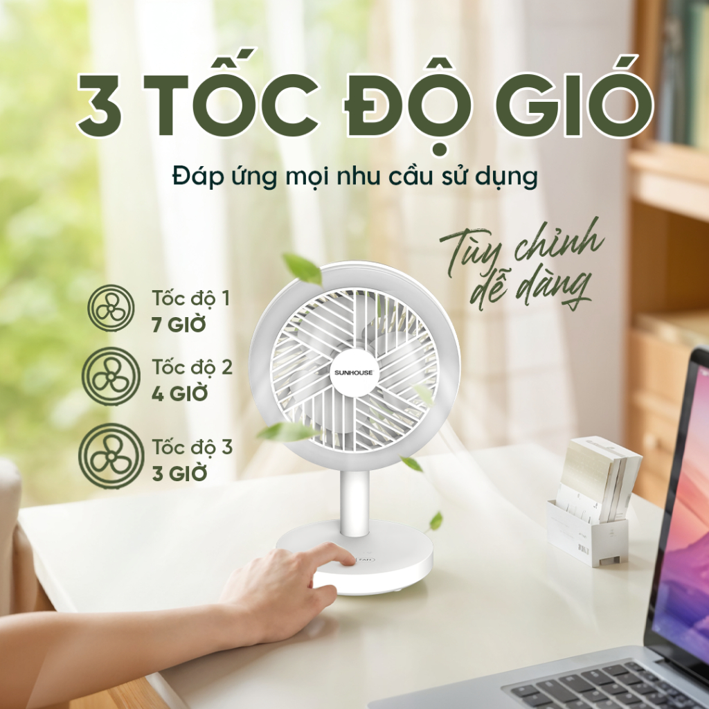 Quạt sạc mini Sunhouse SHD7114 - Pin sạc Lithium, 7H hoạt động - 3 tốc độ gió, 2 chế độ sáng, có đèn ngủ tiện lợi - Ảnh 3