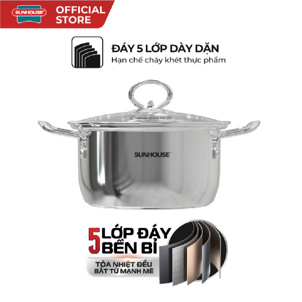 Nồi Inox 5 đáy Sunhouse SHG788- 16/20/24 cm - Công nghệ Impact Bonding - Hiệu suất bắt từ 100% - Dùng mọi loại bếp - Ảnh 4